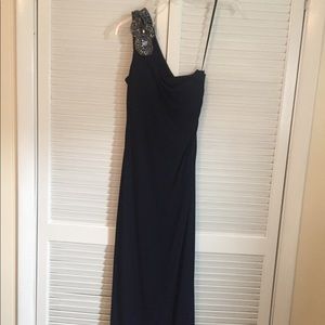 Navy, one shoulder beaded long evening gown